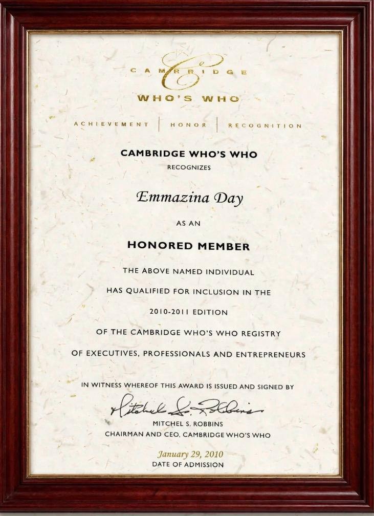 Cambridge Who's Who Honored Member certificate 2010–2011